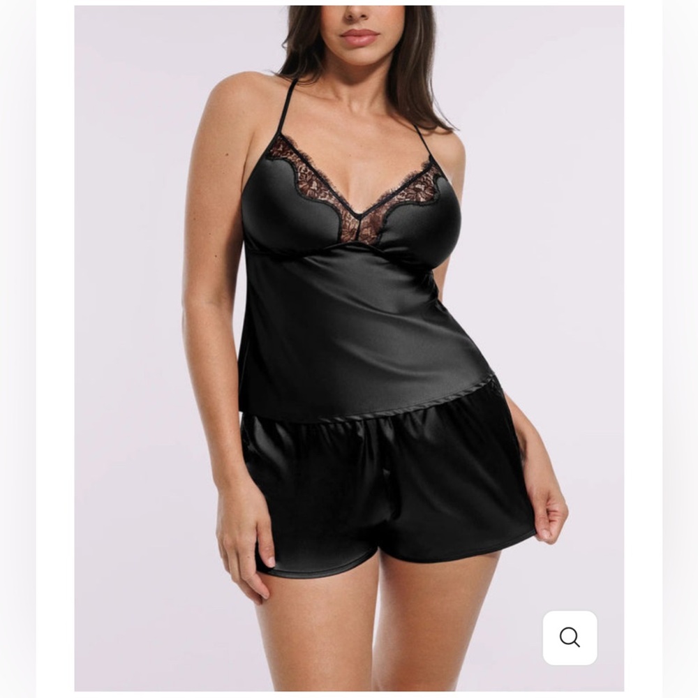 Sleek Black Satin Lace Sleepwear Set